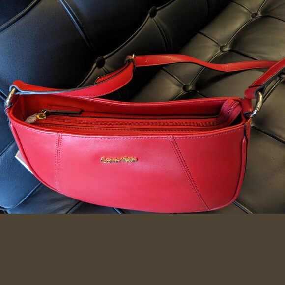 NEW Calvin Klein Red Leather Crossbody Bag Gold Logo | 50″ Strap - Picture 6 of 8